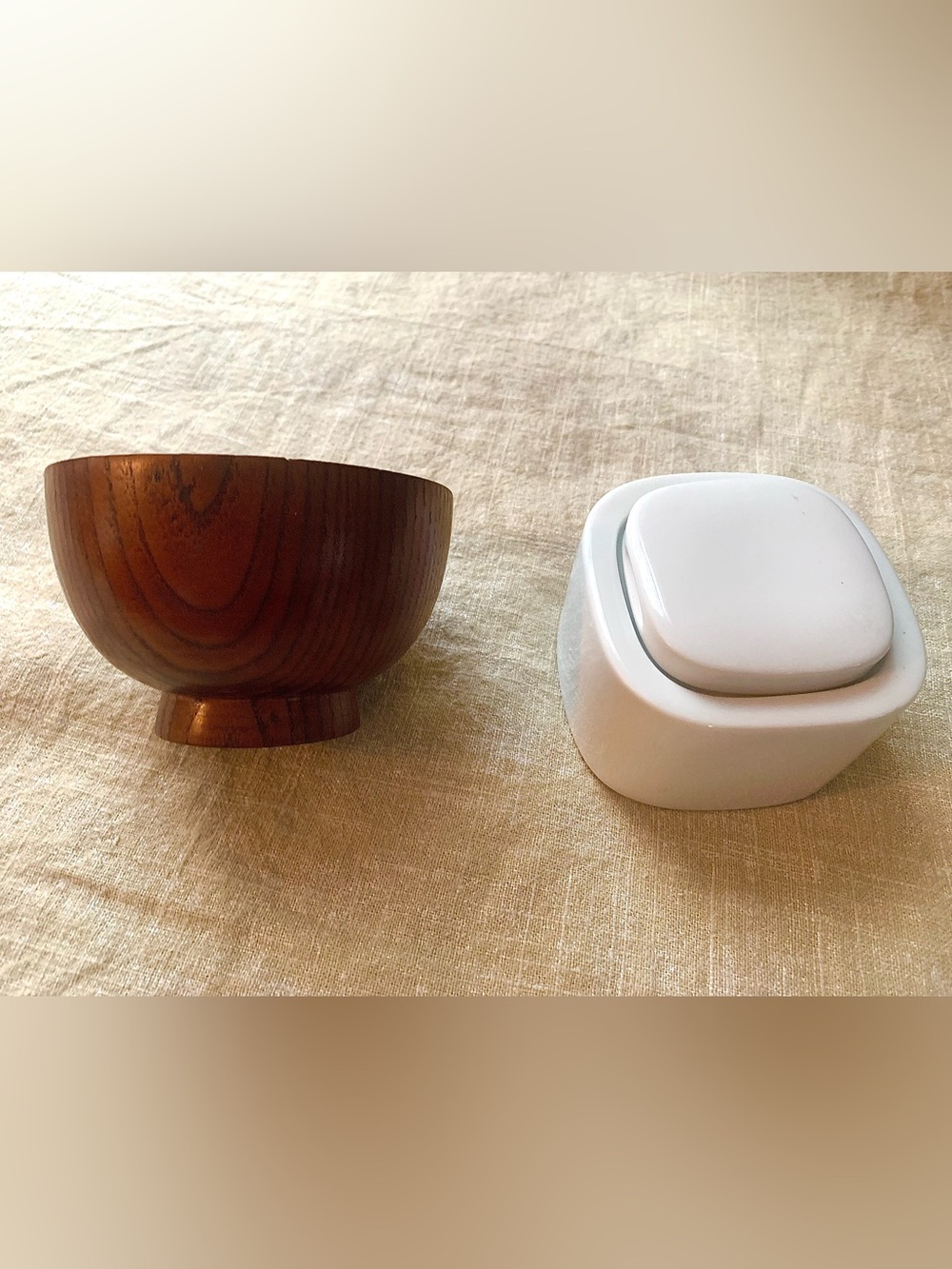 Japanese wood bowl & porcelain container bowl abt 5” across
